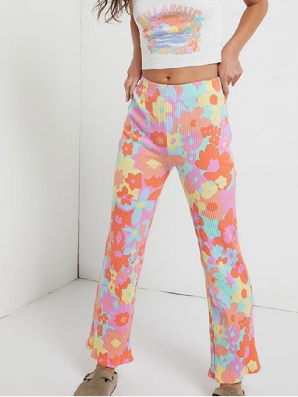 Floral Ribbed Wide-Leg Pants - Multicolor